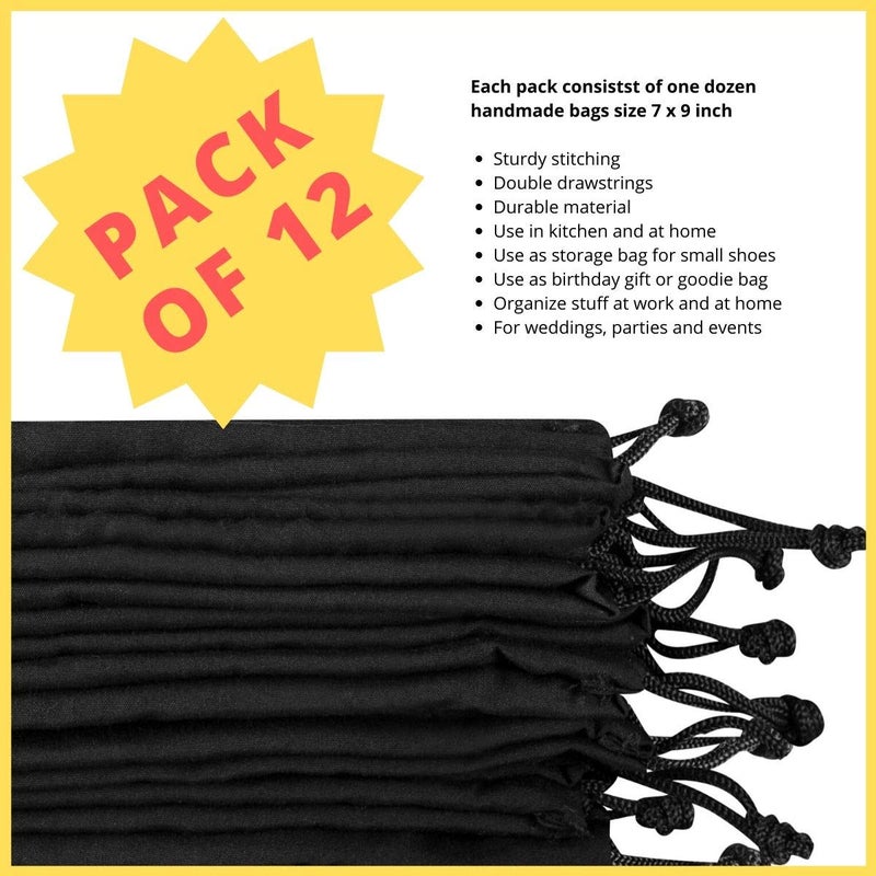 DR Black Cotton Drawstring Bags - Cinch and Ditty Stuff Pouch - For Travel Storage Pantry Gifts Organization (7 x 9 inch -12 pack) - Image 4